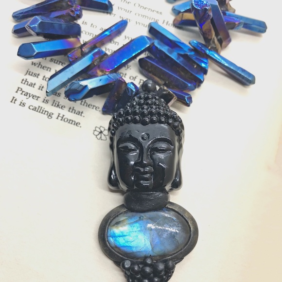 Statement Piece Art to Wear Buddha with Labradorite and Aqua Aura crystals. - Picture 1 of 5